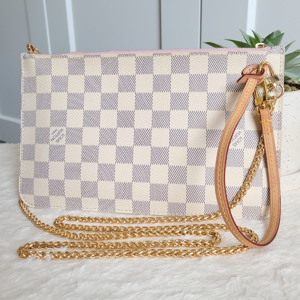 💕Authentic LV Neverfull Gm/Mm Clutch/Wristlet Damier Azur ROSE BALLERINE